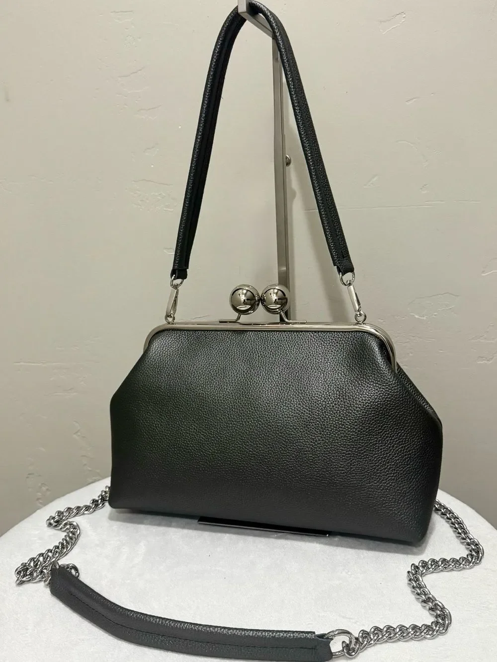 Gray Togo Cowhide Calfskin Handmade Retro Style Kisslock Frame Bag, Large Size